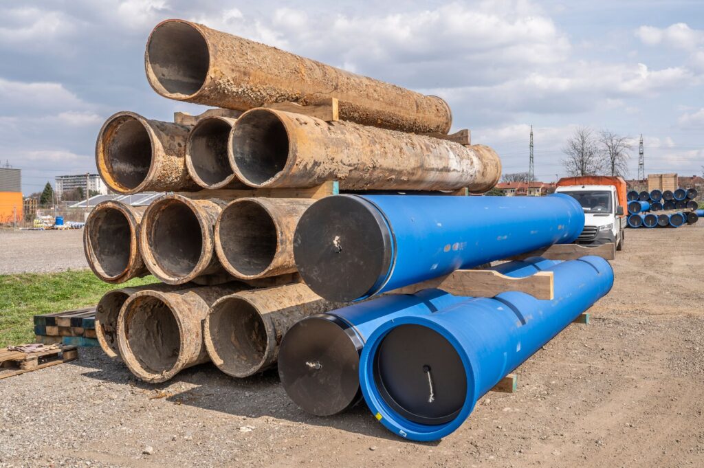Rohstoff statt Reststoff: Graz setzt auf Kreislaufwirtschaft bei Gussrohren 2 Lagerung alter, rostiger und neuer blauer Rohre zur Erneuerung der Wassertransportleitung auf einer Baustelle der Graz AG.