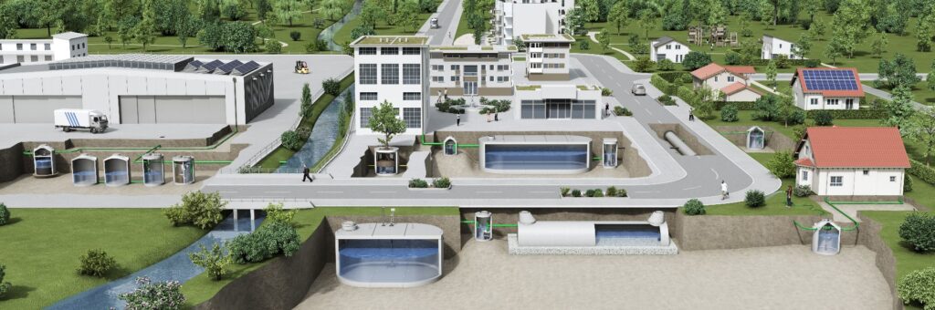 Infografik Schwammstadt von Mall: Unterirdische Zisternen und Speichersysteme zur Regenwassernutzung im Stadtgebiet.