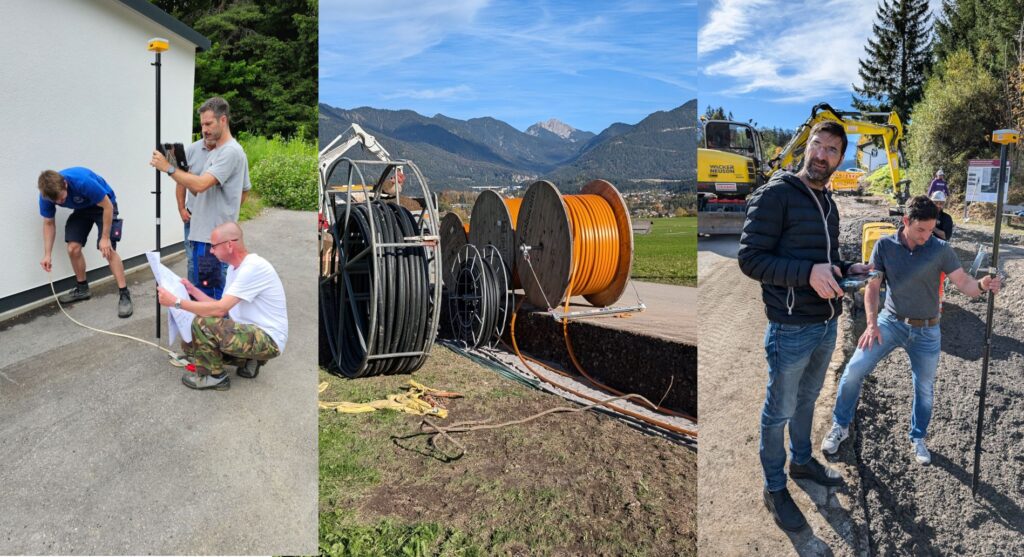 LD2 bringt Vermessung und GIS direkt in die Gemeinde 1 Bauarbeiter bei der Vermessung und Glasfaserverlegung mit Kabeltrommeln vor Bergkulisse für Infrastruktur-Background.