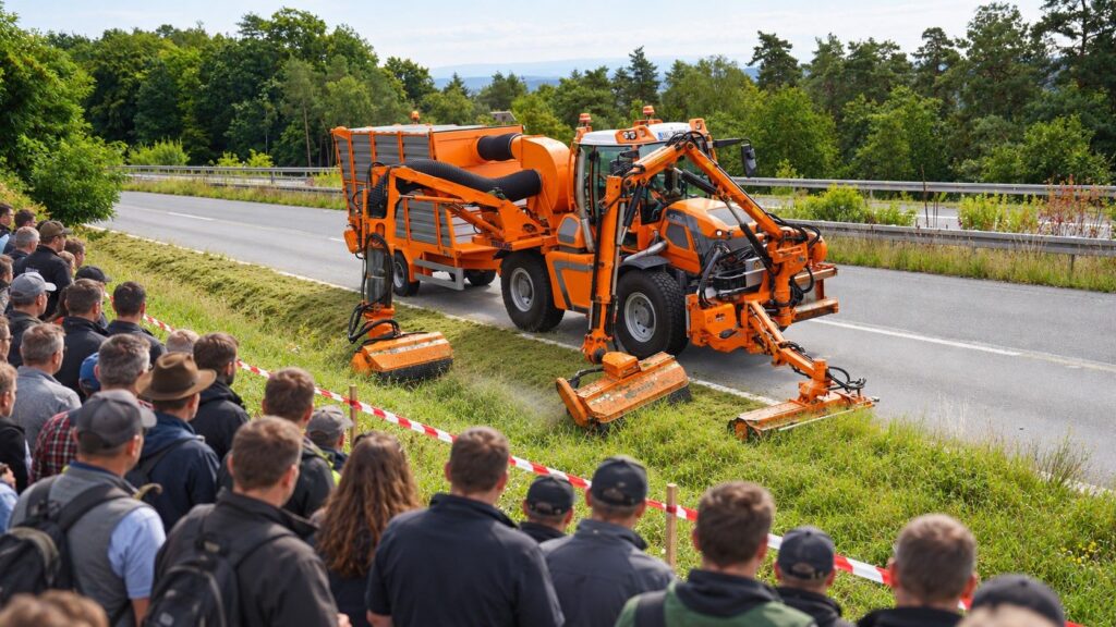 Oranger Pfanzelt Geräteträger beim Mähen einer Straßenböschung vor Publikum auf einer Landstraße am Waldrand.