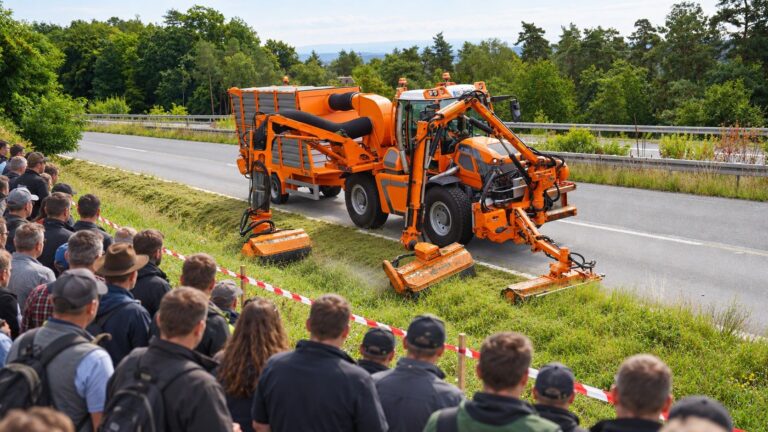 Oranger Pfanzelt Geräteträger beim Mähen einer Straßenböschung vor Publikum auf einer Landstraße am Waldrand.