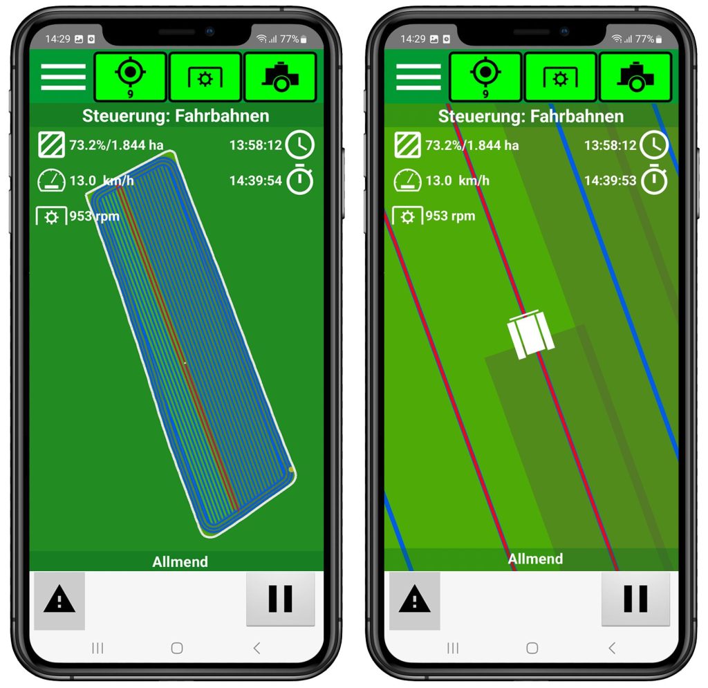 100 Jahre Rapid: Vom Motormäher zur vernetzten Kommunaltechnik 6 Cosmos App auf iPhone: Benutzeroberfläche zur Fahrbahnen-Steuerung in der Landwirtschaft mit GPS-Daten und Feldansicht.